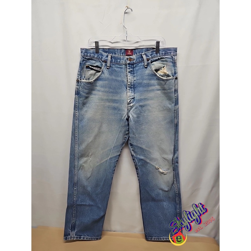 Wrangler Mens Blue Relaxed Fit Distressed Cowboy Denim Jeans Cut Light Sz 36x30